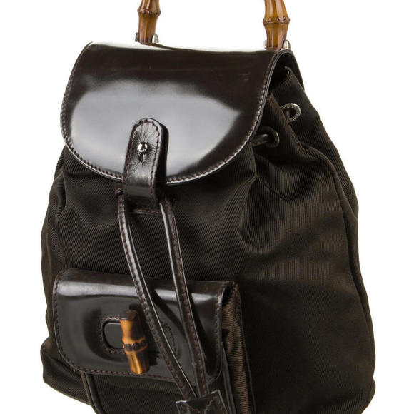 Authentic Gucci Brown Nylon Mini Bamboo Patent Leather Trimmed Backpack - Picture 2 of 6